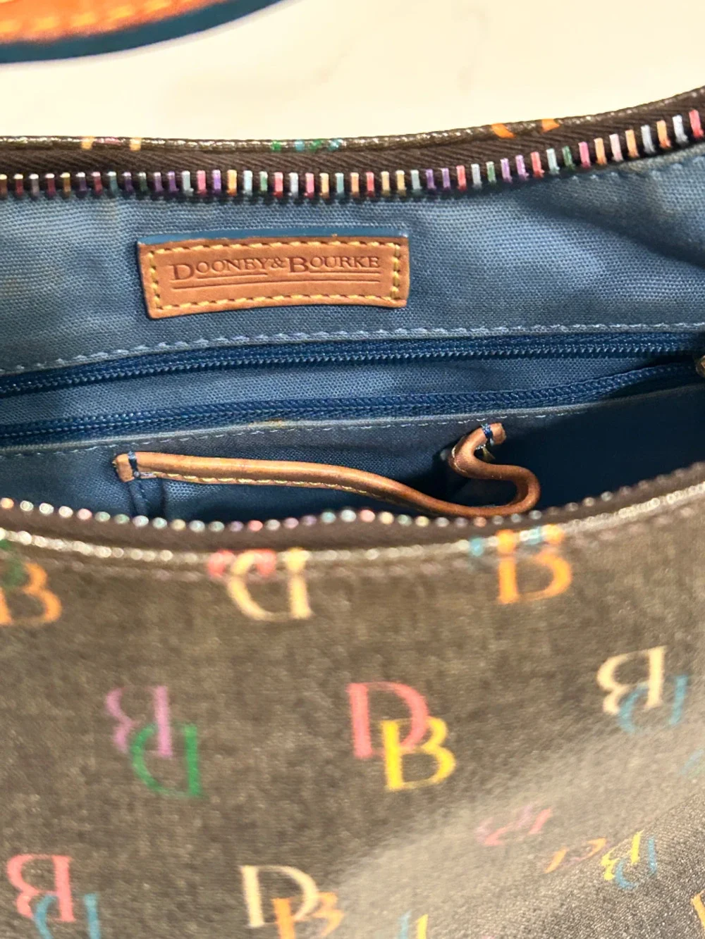 Vintage Dooney & Bourke Rainbow Monogram Brown Leather Pink Heart Zipper Handbag